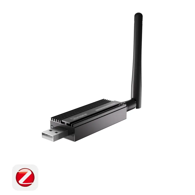 SONOFF ZBDongle-E Zigbee 3.0 USB coordinator with its external antenna, on a white background